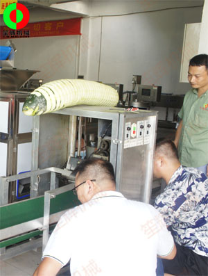 東莞客戶來(lái)廠現(xiàn)場(chǎng)測(cè)試臥式冬瓜削皮加工機(jī)械設(shè)備！